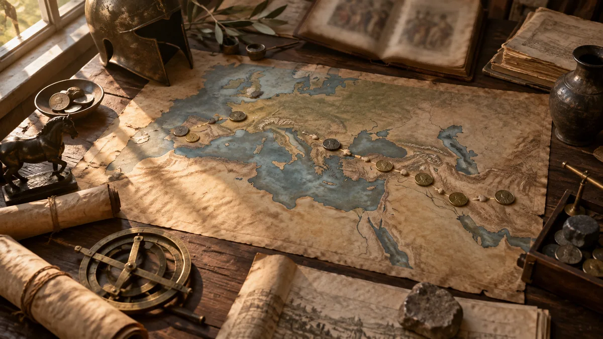 Mesa de estudio histórico con mapa antiguo del Mediterráneo y monedas que representan la expansión cultural del nombre Alejandro