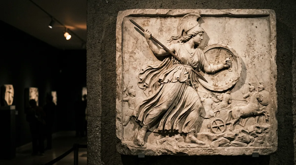 Detalle de una escultura o relieve de piedra antigua que representa a una joven ceremonial con una vasija ritual, en un entorno de museo con luz lateral tenue