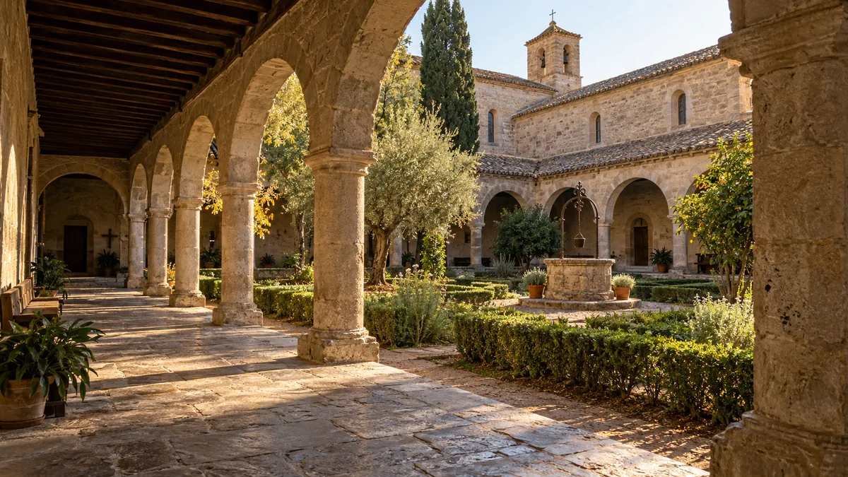 Claustro de piedra de un convento español con arcos de medio punto, jardín central y un pozo, iluminado por la luz dorada de la tarde