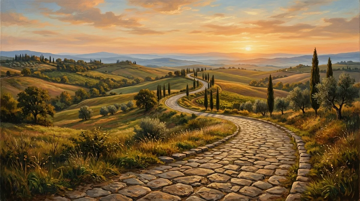 Ilustración de una calzada romana de piedra que se pierde entre colinas verdes del norte de Italia, con luz cálida de atardecer