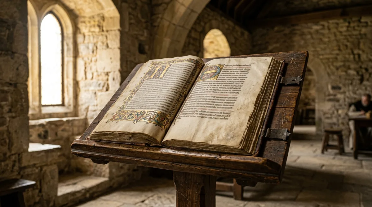 Manuscrito medieval iluminado abierto sobre un atril de madera en un monasterio de piedra, con luz cálida entrando por una ventana estrecha