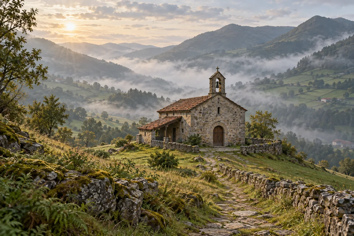 Ilustración de un pequeño templo de piedra en un valle verde y montañoso del País Vasco, con niebla ligera y luz suave de mañana