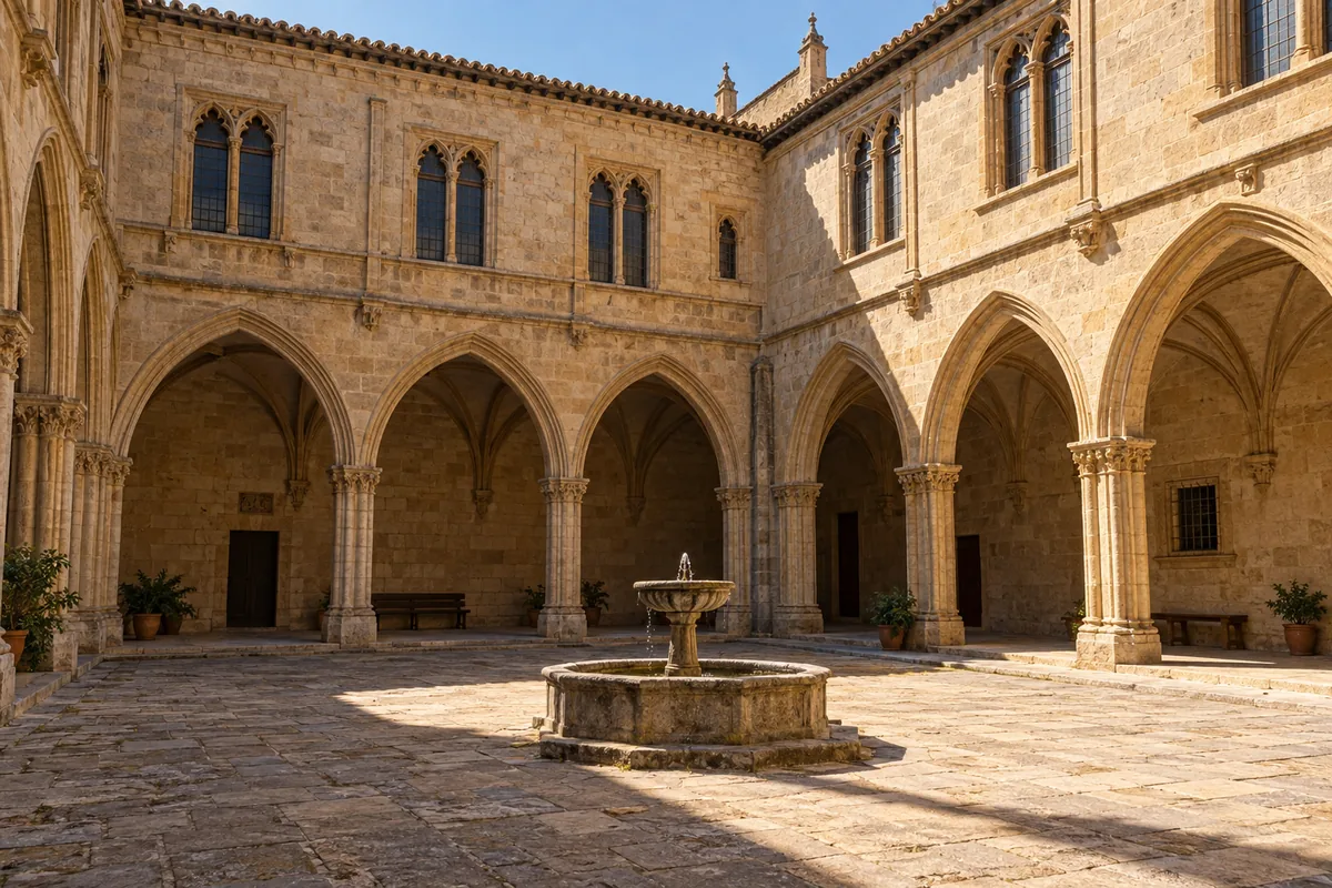 Patio de un palacio castellano de estilo gótico con arcos de piedra dorada y una fuente central, sin personas ni inscripciones