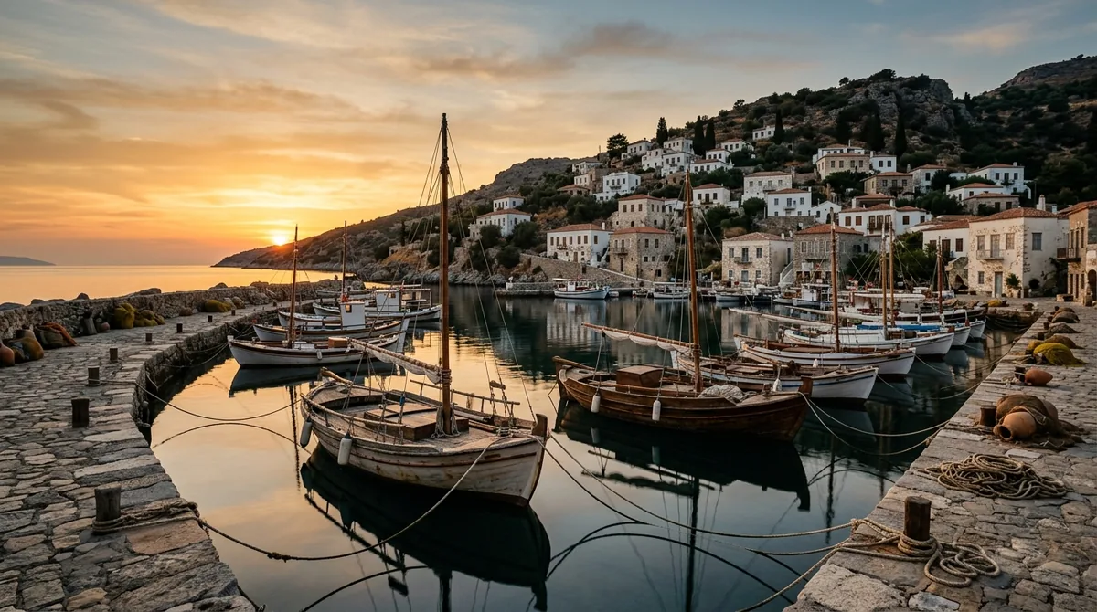 Puerto mediterráneo antiguo al atardecer con barcos de madera amarrados y casas de piedra encalada en la colina, sin personas ni letreros