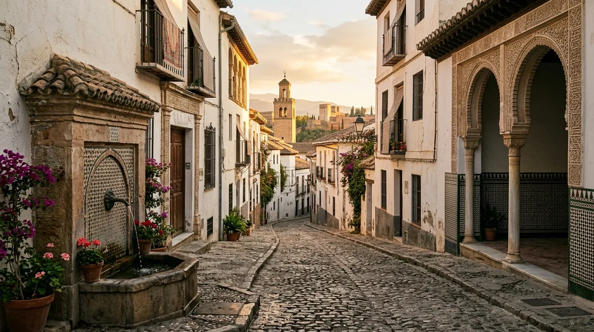 Calle empedrada de un barrio andalusí con arcos de herradura y azulejos, luz cálida de atardecer