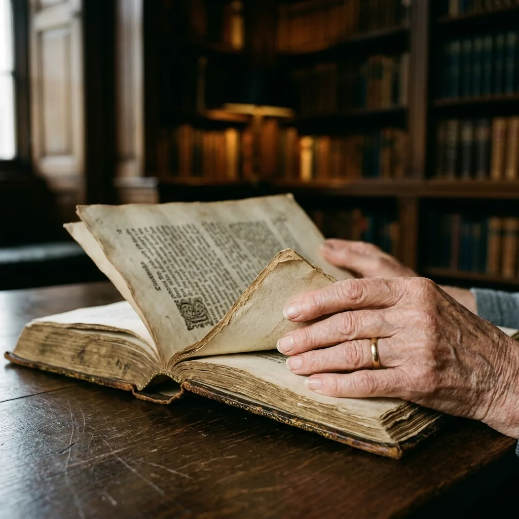 Manos de una persona mayor pasando las páginas de un libro antiguo encuadernado en piel, en una biblioteca en penumbra