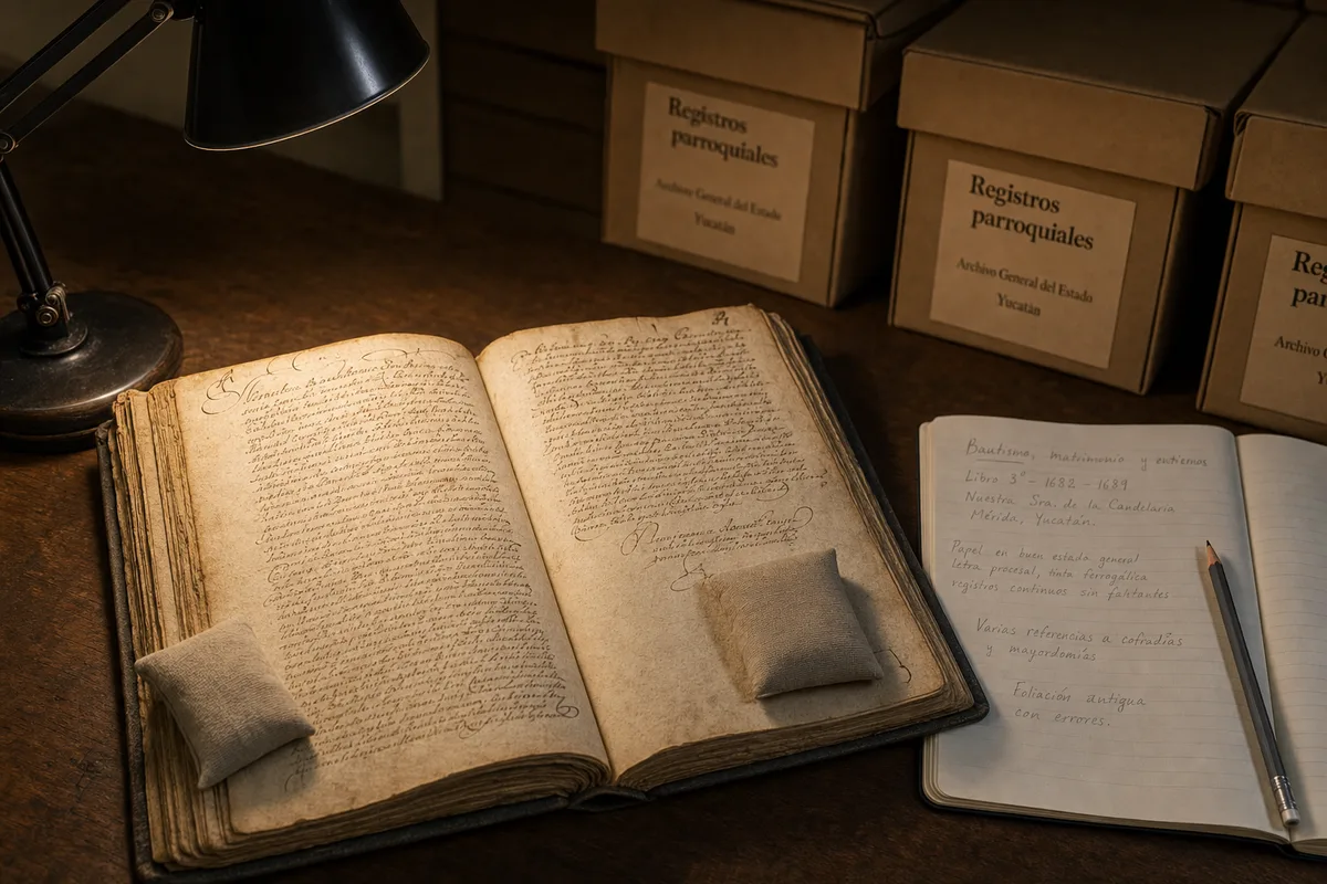 Libro de registro parroquial novohispano abierto sobre la mesa de un archivo en Mérida, junto a una libreta con anotaciones de consulta