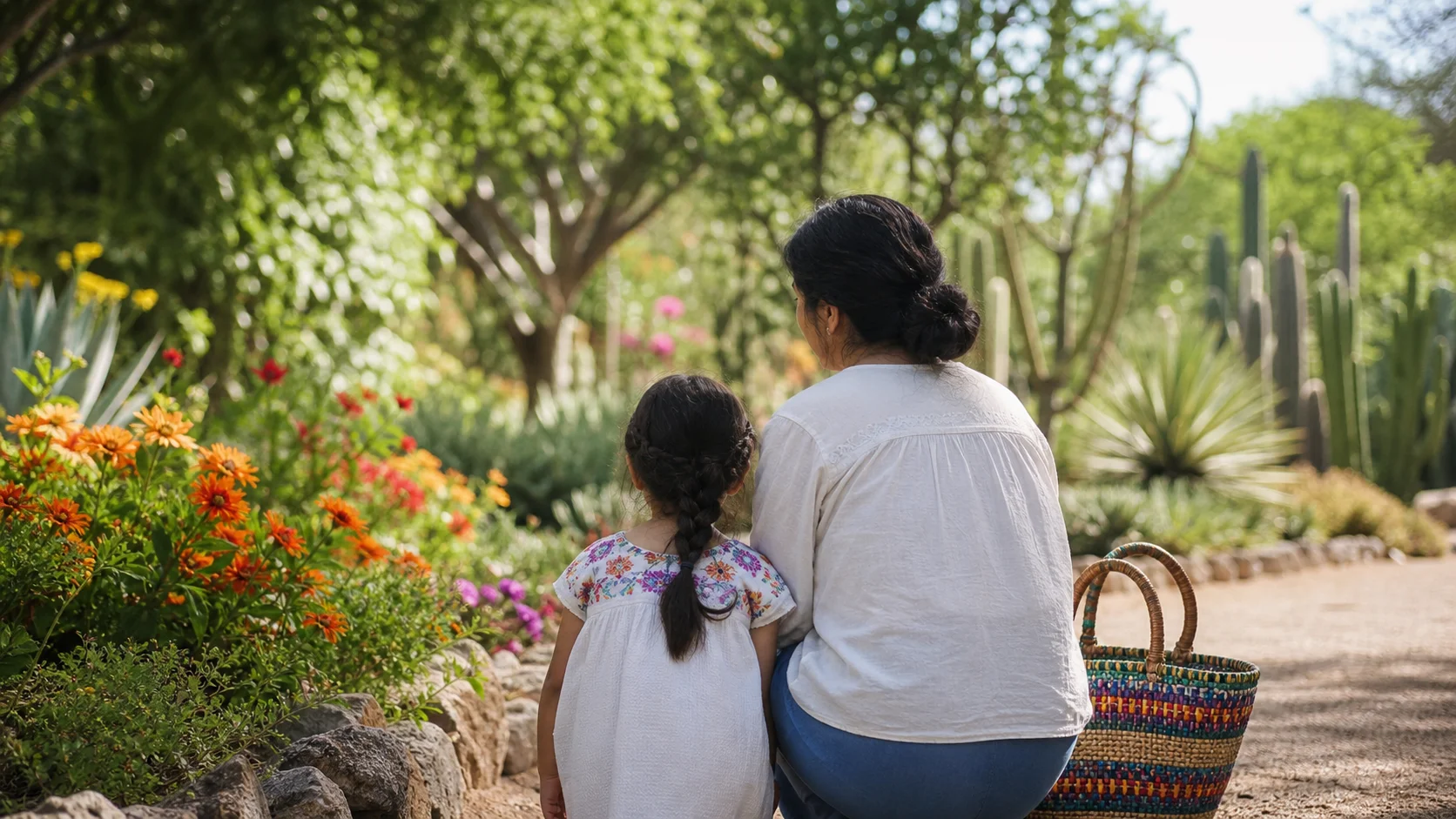 Una familia observa flores nativas en un jardín botánico