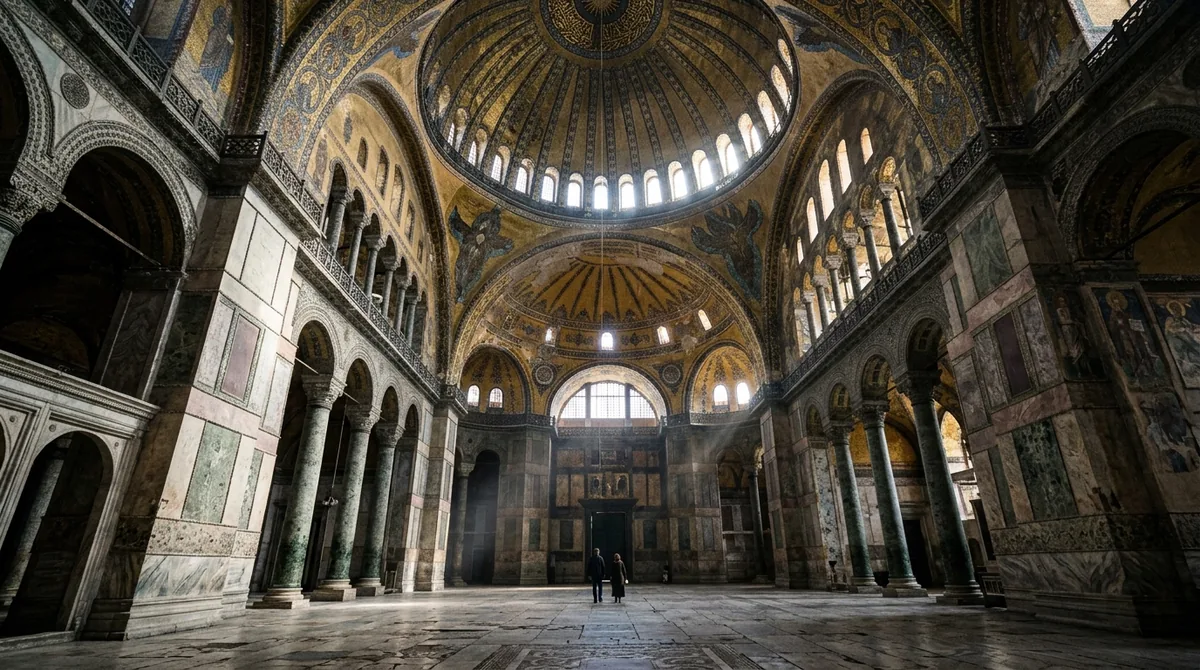 Interior de una gran basílica bizantina con cúpula y luz entrando por ventanas altas