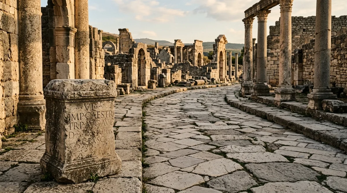 Calle empedrada entre ruinas de una antigua ciudad romana, con columnas de piedra y un bloque con inscripción latina desgastada, iluminada por luz dorada de la tarde